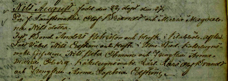 Udsnit af kirkebog, Daab af Nils August Brandt